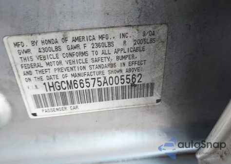 2005 Honda Accord 3.0 Ex из США, поврежденный, VIN 1HGCM66575A005562